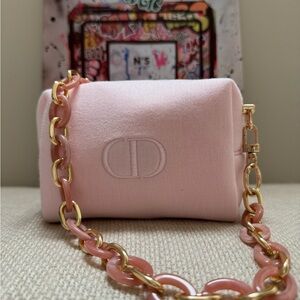 Dior pink cosmetic pouch w/unbranded pink/white chain, scarf & Miss Dior parfum.